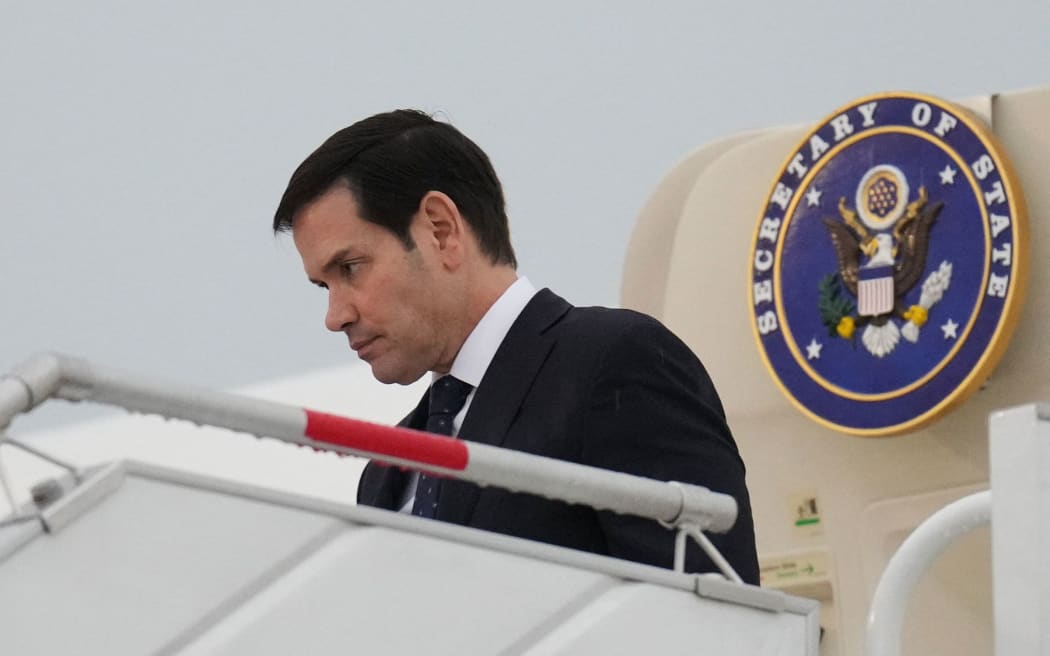 Secretary of State Marco Rubio disembarks his plane upon his arrival at Felipe Angeles International Airport in Mexico City on September 2.