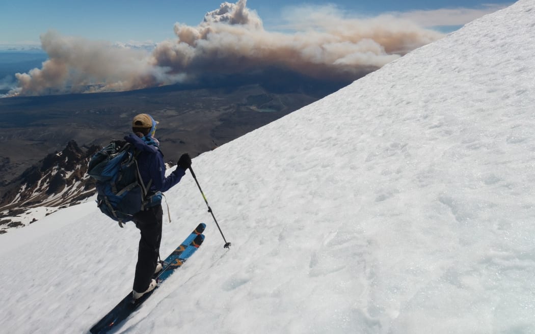 The Tongariro fire as seen from near the summit of Mt Ruapehu this weekend.