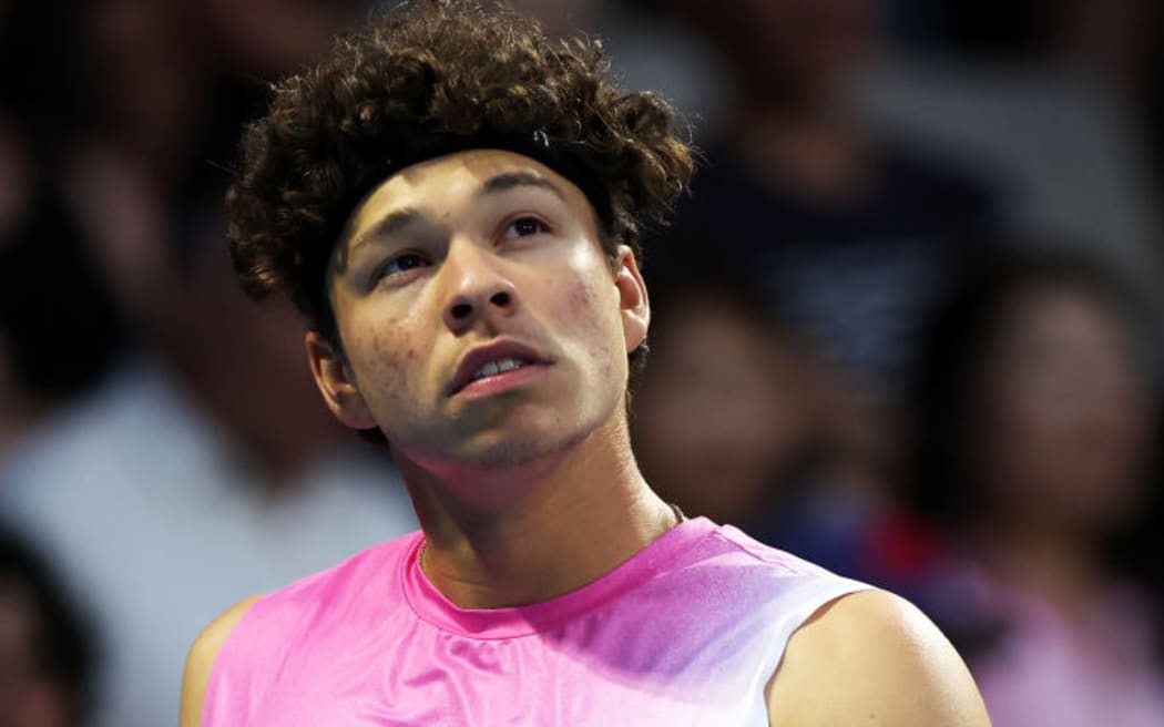 Ben Shelton of USA reacts in his match against Jakub Mensik of Czech Republic during day ten of the 2025 ASB Classic.
