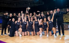 The Silver Ferns celebrates winning the Constellation Cup. 4th Constellation Cup netball match, New Zealand Silver Ferns Vs Australian Diamonds, Horncastle Arena, Christchurch, New Zealand, 7th March 2021. Copyright photo: John Davidson / www.photosport.nz