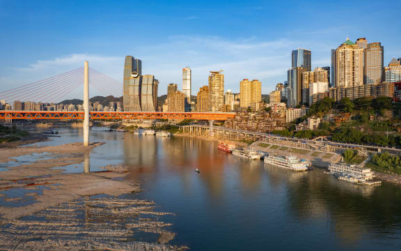 (FILE) The water level of the Yangtze River and Jialing River in the Chongqing section falls in Chongqing, China, August 17, 2022. (Photo by Costfoto/NurPhoto) (Photo by CFOTO / NurPhoto via AFP)