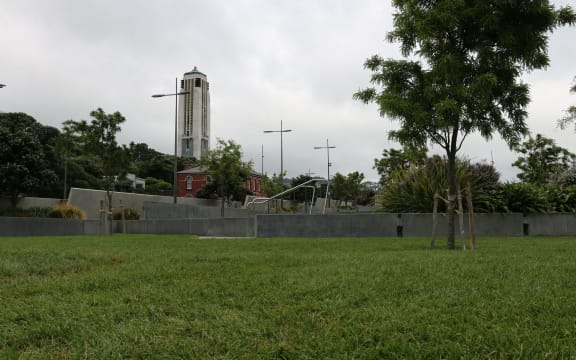 The site of the Pacific Islands memorial at the Pukeahu National War Memorial. The main carillion towers in the distance.