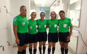 Tupou Patia-Brogan (left) was the first person from the Cook Islands, male or female, to serve as a referee at a FIFA World Cup-affiliated match in 2015.