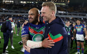 Dylan Walker of the Warriors (L) with coach Andrew Webster (R) during the NRL Semi Final match between the New Zealand Warriors and Newcastle Knight