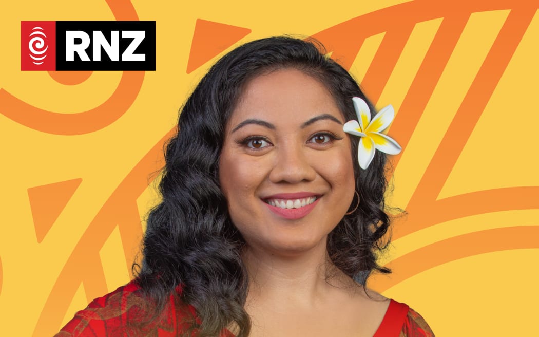 An illustrated motif representing people from the Pacific gathered around a sun sits behind a photographic portrait of Susana Suisuiki.