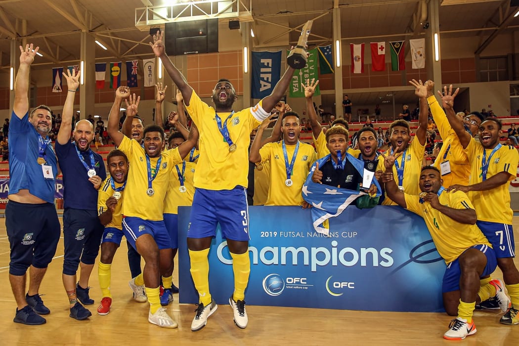 Solomon Islands celebrate winning the 2019 OFC Futsal Nations Cup.