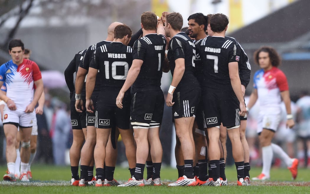 The All Blacks Sevens in a huddle. The New Zealand rugby sevens side are among the favourites for the code's Olympic debut next year at Rio