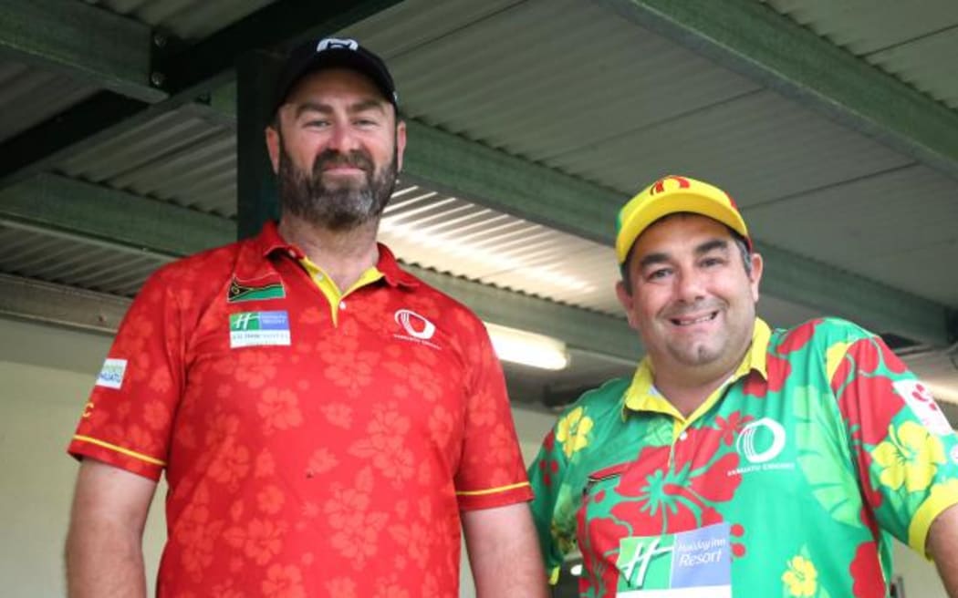 Vanuatu Cricket CEO Tim Cutler with iComply CEO Rod Prestia prior to Friday's night trial game between the International Vanuatu side and the Stanthorpe Dud Davis Shield team in November, 2023. Photo: Stanthorpe Today/Icomply