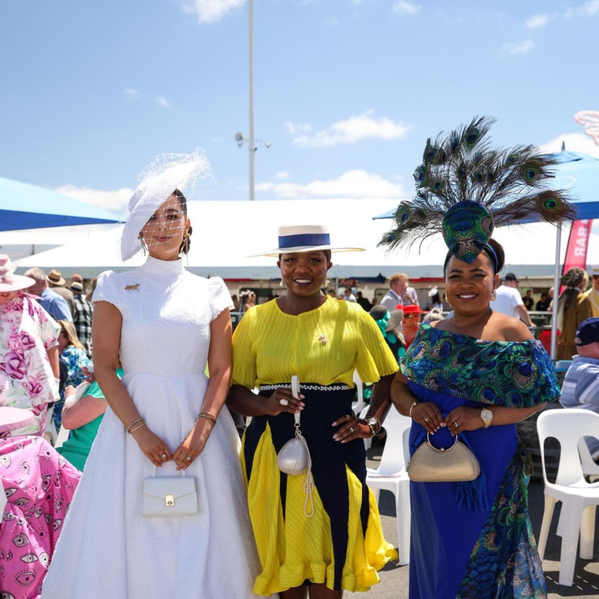 From left, Danni Alfeld, Foster Mwabe and Marlene Robertson at the New Zealand Trotting Cup at Addington Raceway on 11 November, 2025.