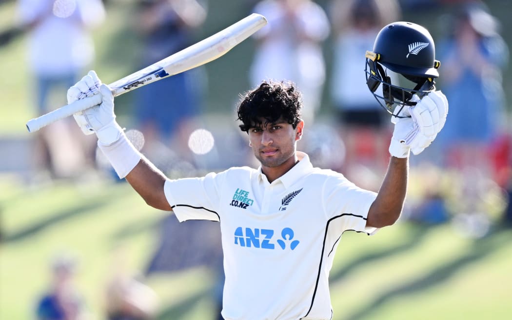 Rachin Ravindra celebrates his century during Day 1 of the 1st Cricket test match between New Zealand and South Africa. Bay Oval, Mt Maunganui.