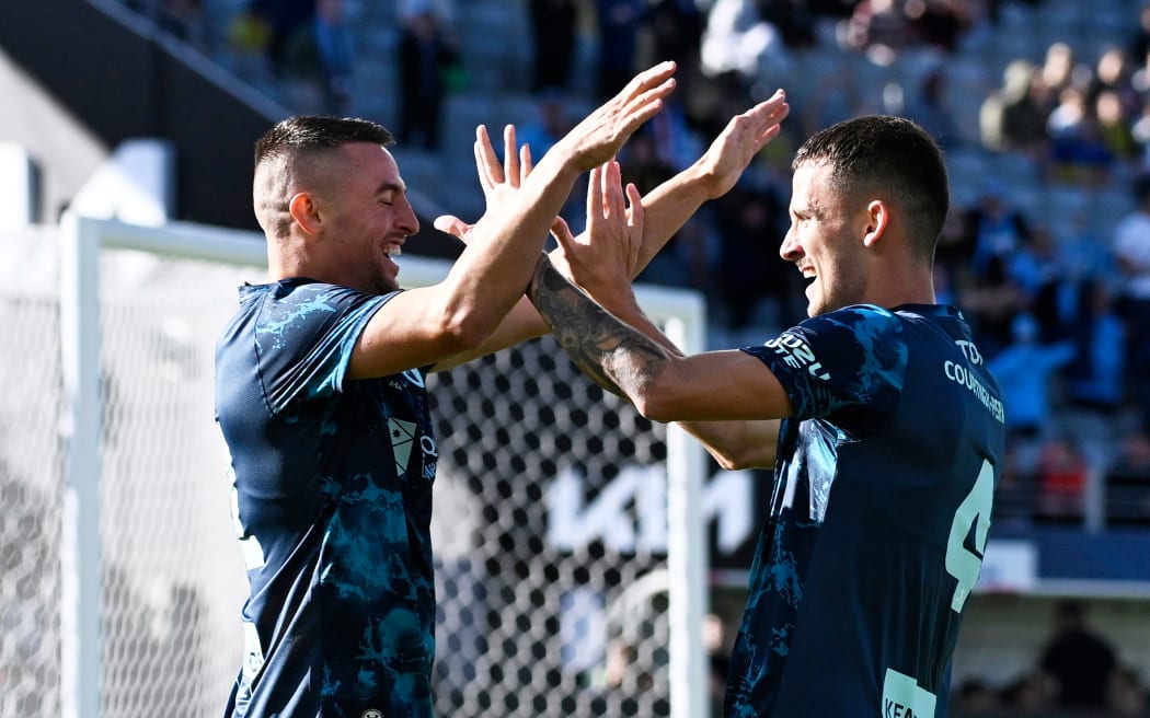 Sydney FC's  Robert Mak celebrates his goal with Jordan Courtney-Perkins during the Wellington Phoenix v Sydney FC. A-League match at Eden Park.