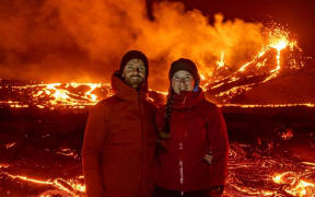Rowan Bashford and partner Guony Dilja Helgadottir at Mount Fagradalsfjall