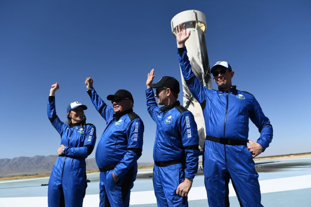 (L-R) Blue Origin's Vice President of Mission & Flight Operations, Audrey Powers; "Star Trek" actor William Shatner; Planet Labs co-founder, Chris Boshuizen; and Medidata Solutions Co-Founder, Glen de Vries,
