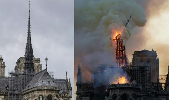 A combination of photos showing Notre Dame's spire, before, during and after the fire that destroyed it.