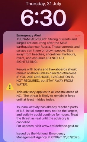 An emergency alert sent at 6.30am on 31 July, warning of strong currents and surges following the Russia earthquake.