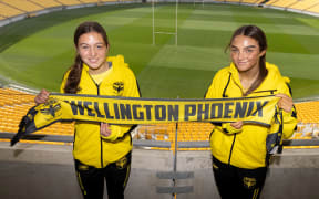 Phoenix academy players Tui Dugan  and Macey Fraser at the club's A-League women launch, 2021.