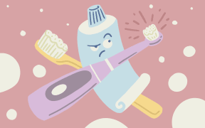 Stylised illustration of toothpaste character deciding between toothbrush and electric toothbrush.