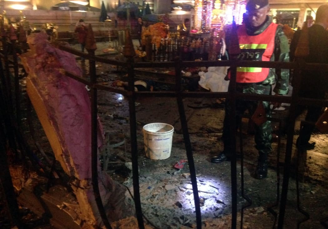 The scene of a bomb explosion outside a religious shrine in central Bangkok late on August 17, 2015