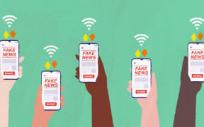 An illustrated image of three hands holding up cellphones. Each cellphone has the words "Fake News" and "Share" prominently displayed on the screen.