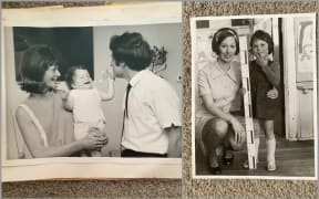 Left: Jeannie with her parents George and Elspeth. Right: Jeannie's first day of school with her teacher Sally Barrett.
