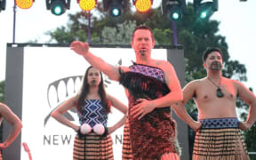 Manaia Maori Cultural Group. Its managing director Karl Burrows is at the front wearing a traditional cloak.