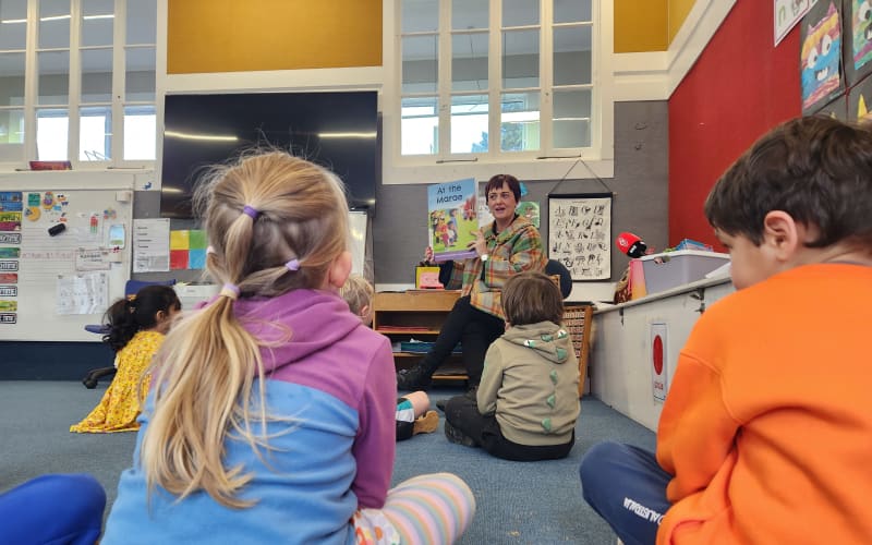 Te Aro School teacher Serah Mehrtens reads ‘At the Marae’ to her class. She says her pupils have not struggled with Māori words in the book.