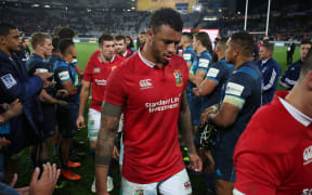 British and Irish Lions' Courtney Lawes leaves the field after losing to the Blues.