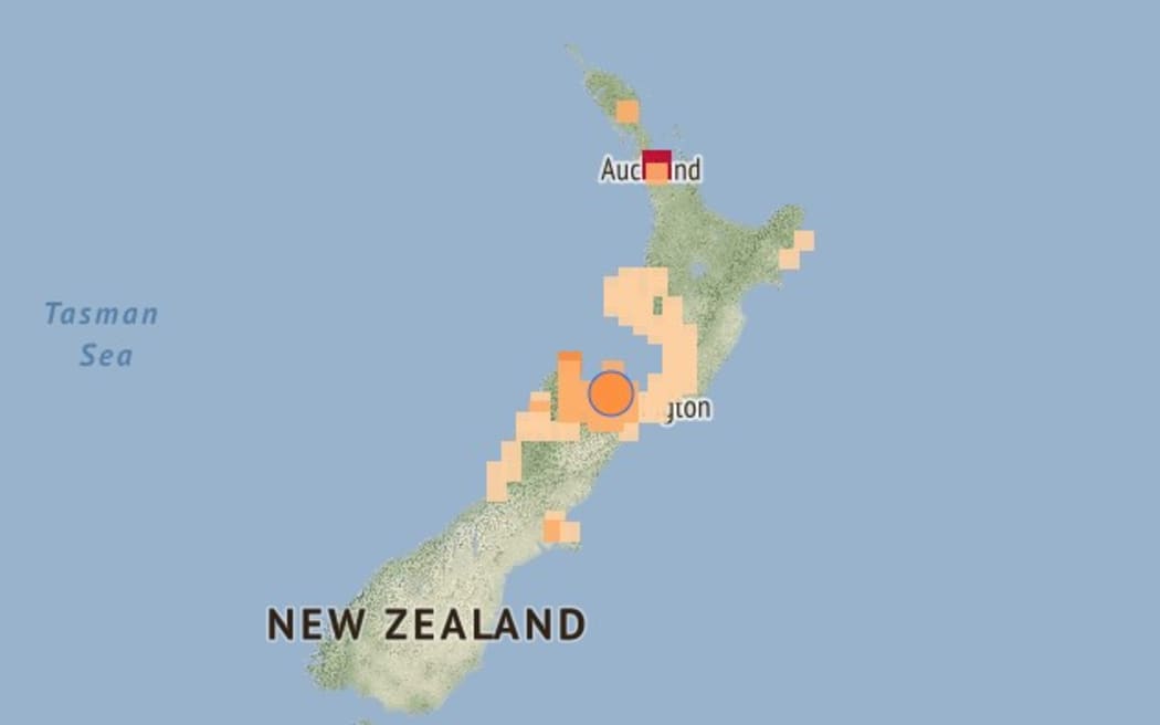 GeoNet map showing the location of 'felt it' reports.