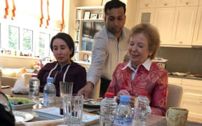 (FILES) This file handout photo provided by United Arab Emirates News Agency (WAM) on December 24, 2018 shows Sheikha Latifa bint Mohammed bin Rashid al-Maktoum (L) having a meal with Mary Robinson, former President of Ireland, at the Latifa's home in Dubai.