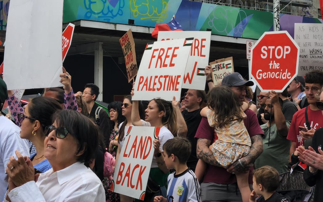 Marchers work their way down Queen Street at Sunday's protest march for a ceasefire in Israel/Gaza.