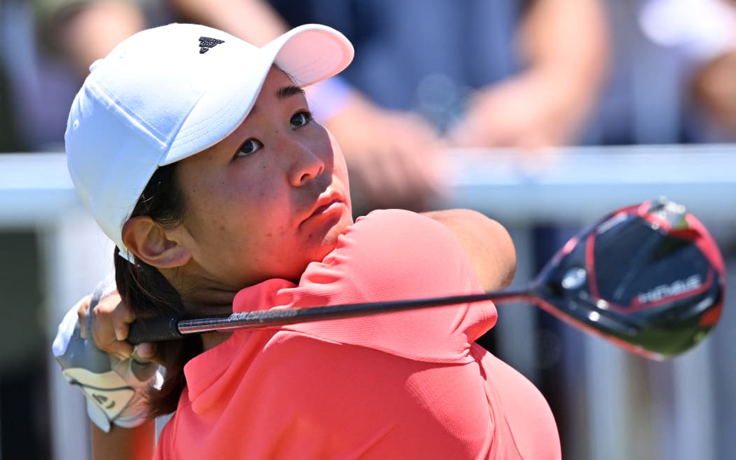 New Zealand’s Momoka Kobori tees off during the final day of the Australian Open golf tournament, 2023.