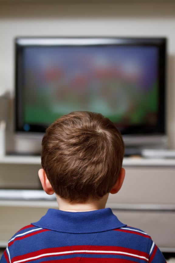 A young boy watches a show on TV