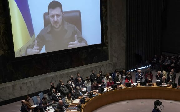 President Volodymyr Zelensky, of Ukraine, addresses a meeting of the United Nations Security Council in New York City on April 5, 2022.