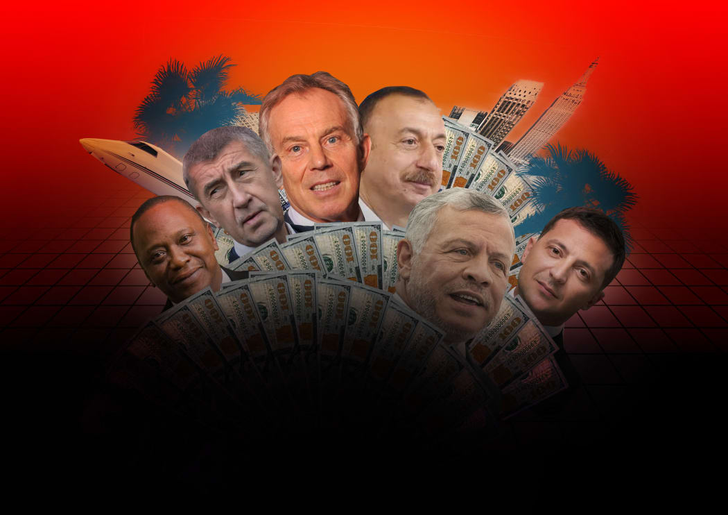 Illustration of the Pandora Papers Affair revealed by the ICIJ: President Uhuru Kenyatta, Prime Minister Andrej Babis, former UK Prime Minister Tony Blair, President of Azerbaijan Ilham Aliyev, King of Jordan Abdullah II and President of Ukraine Volodymyr Zelenskiy.