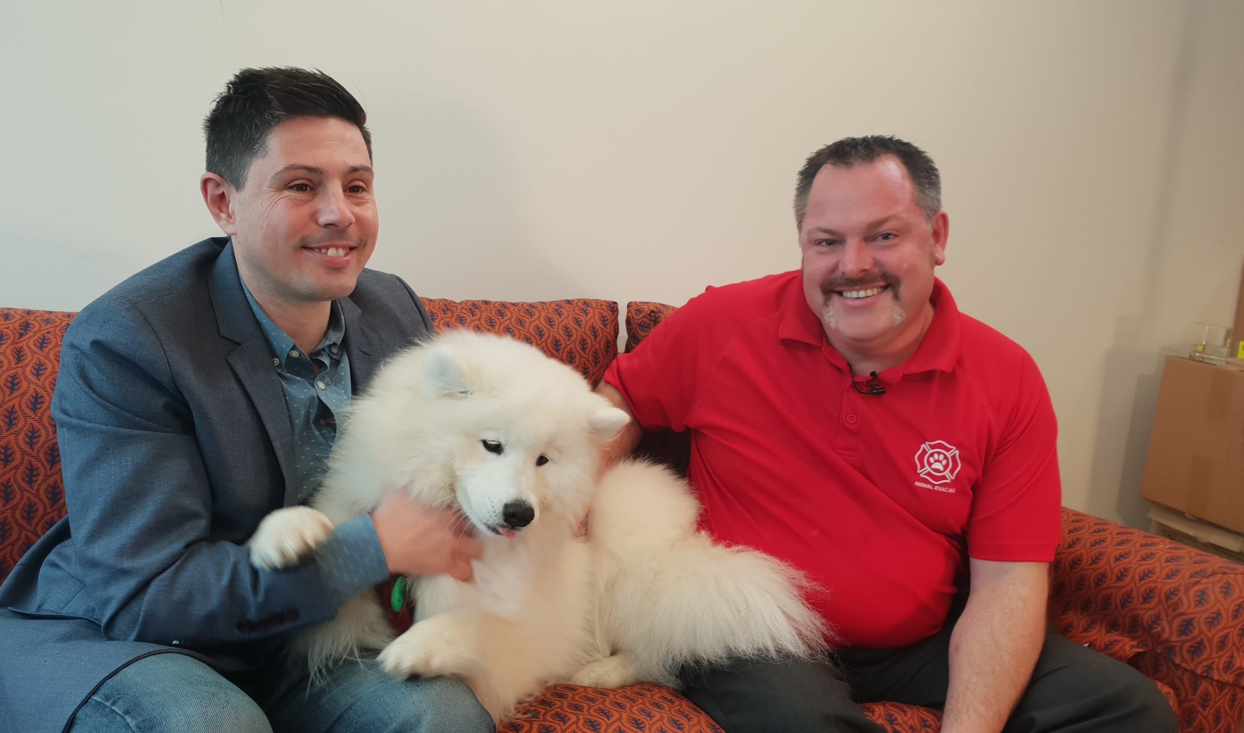 Green Mp Gareth Hughes, left, Steve Glassey, co-founder of Animal Evacuation NZ, and Luna.