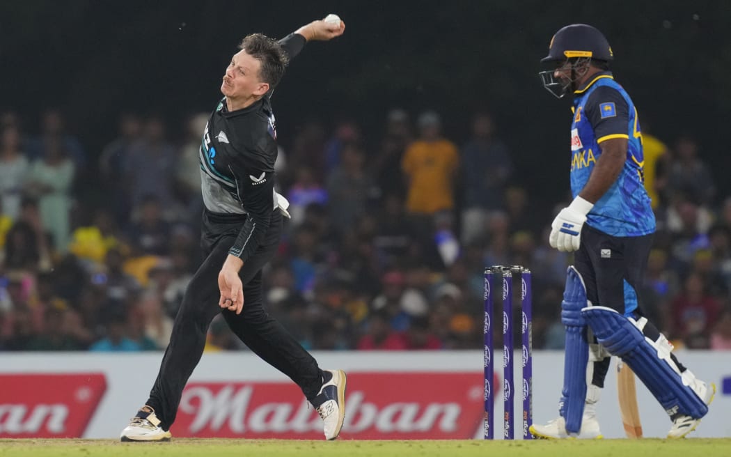 Michael Bracewell of New Zealand bowls during the Sri Lanka tour, 2024.