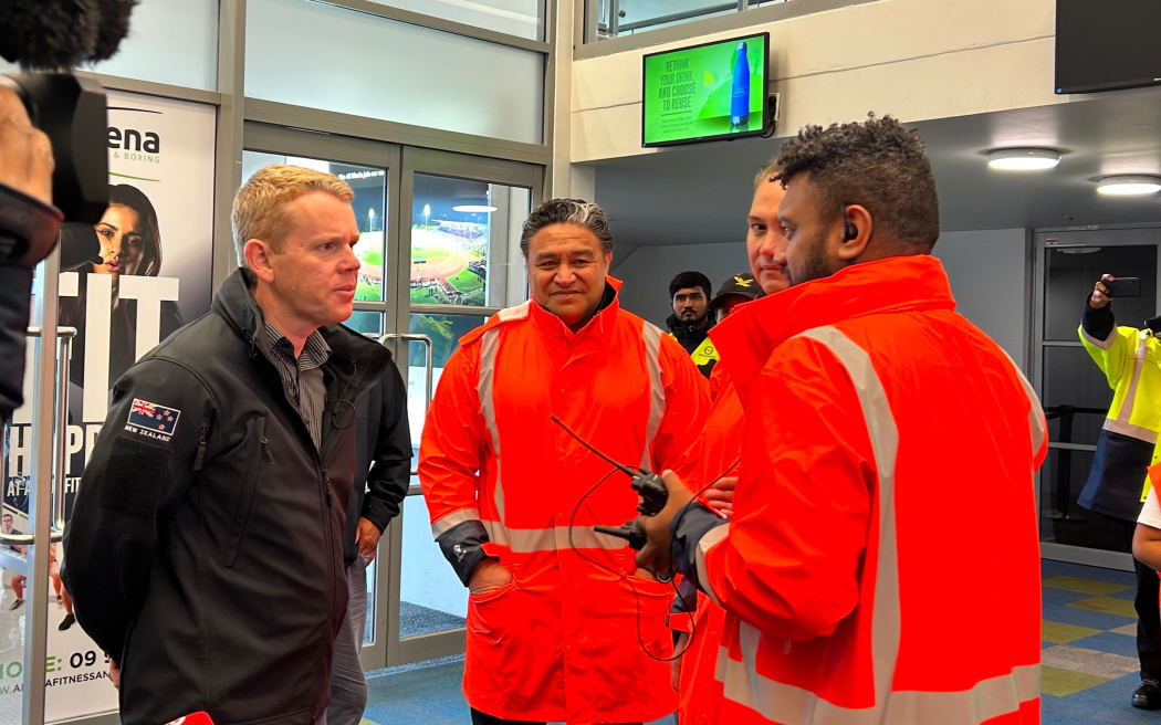 Prime Minister Chris Hipkins visiting the Trust Arena Civil Defence Centre in Henderson, Auckland. 14/2/23