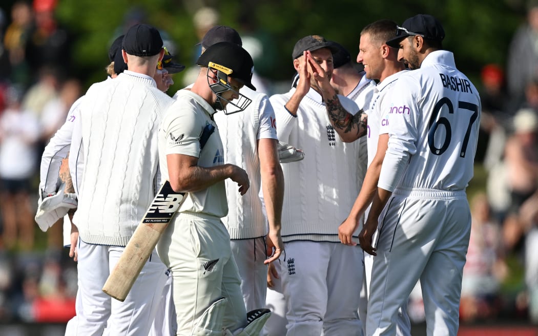 New Zealand batsman Glenn Phillips heads back to the dressing room. First Test against England, Hagley Oval, 2024.