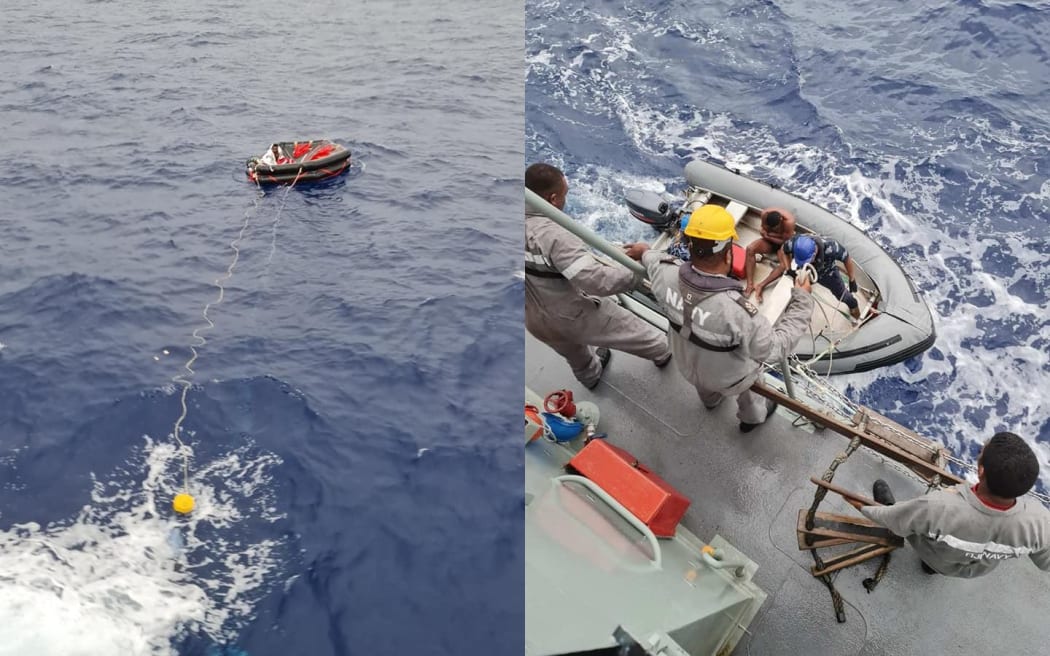 A crewman of the TIRO II is rescued by members of the Republic of Fiji Navy rescue.