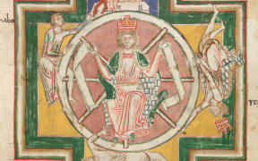 Wheel of Fortune image from Codex Buranus (Carmina Burana), ca 1230, Bavarian State Library, Munich.