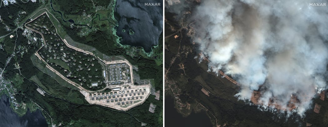 (COMBO) This combination of photographs created September 18, 2024, shows a handout satellite photograph taken by Maxar Technologies on September 7, 2024 (L) of an ammunition depot in Toropets, Russian Tver region and a satellite photograph taken on September 18, 2024 of the same depot after it was struck by Ukrainian drones. Ukrainian drones struck an arms depot in Russia's western Tver region early on September 18, 2024, sparking a massive blaze that led to the evacuation of nearby residents, a Ukrainian security source said. (Photo by Handout / Satellite image ©2024 Maxar Technologies / AFP) / RESTRICTED TO EDITORIAL USE - MANDATORY CREDIT "AFP PHOTO /Satellite image ©2024 Maxar Technologies  " - NO MARKETING NO ADVERTISING CAMPAIGNS - DISTRIBUTED AS A SERVICE TO CLIENTS -- THE WATERMARK MAY NOT BE REMOVED/CROPPED