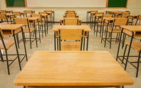 Lecture room or School empty classroom with desks and chair iron wood in high school thailand, interior of secondary school education, with whiteboard, vintage tone educational concept