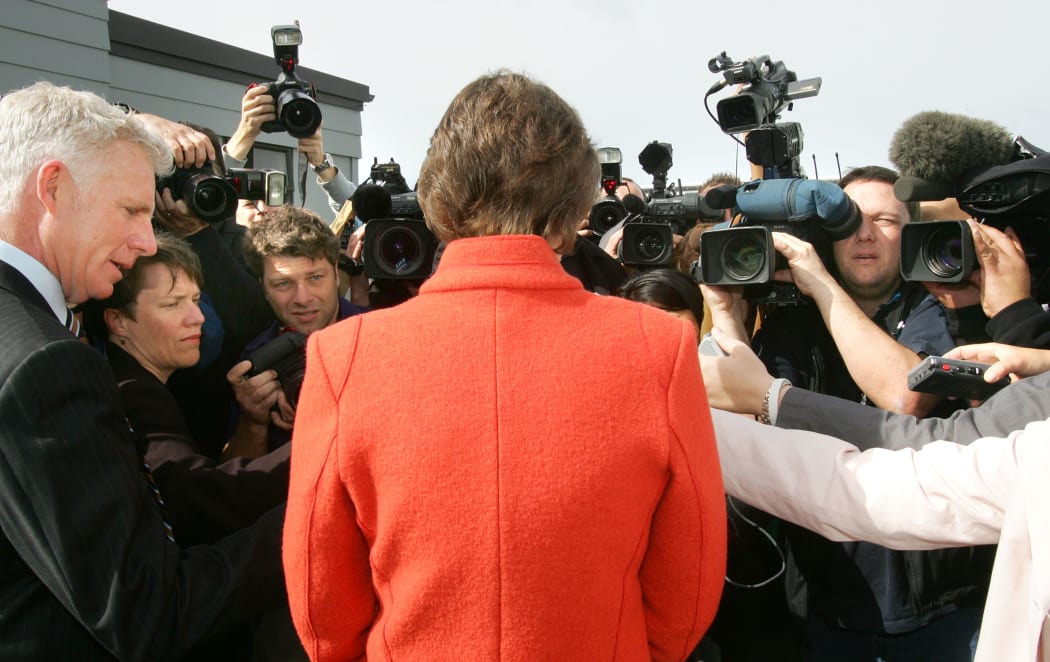 New Zealand Prime Minister Helen Clark speaks to members of the media at the Kowhai School polling in Auckland, 17 September 2005.