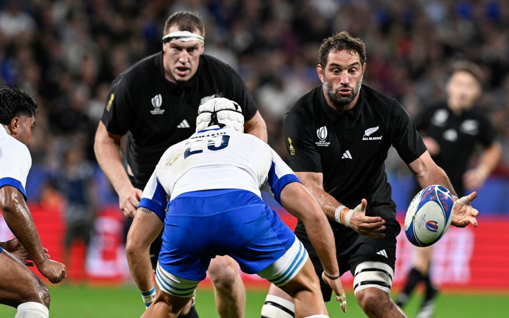 Brodie Retallick and Sam Whitelock in action during the 2023 World Cup.