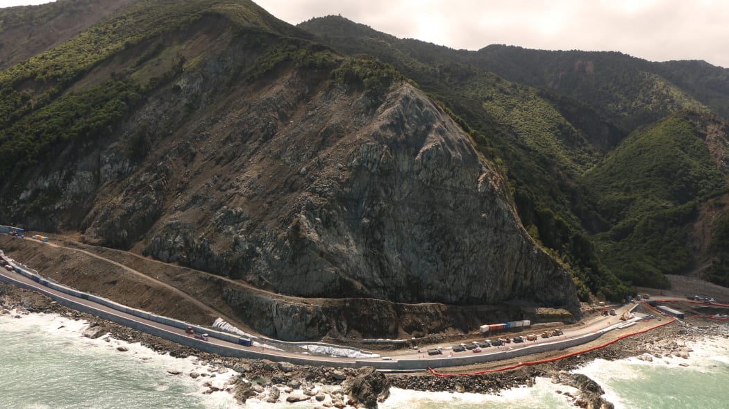 The repaired road and seawall around Ohau Point in the days before SH1 north of Kaikōura reopened.