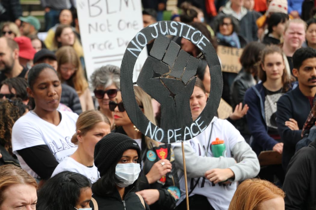 Protesters gathered in Aotea Square, Auckland with their signs for the Black Lives Matter rally on 14 June, 2020.