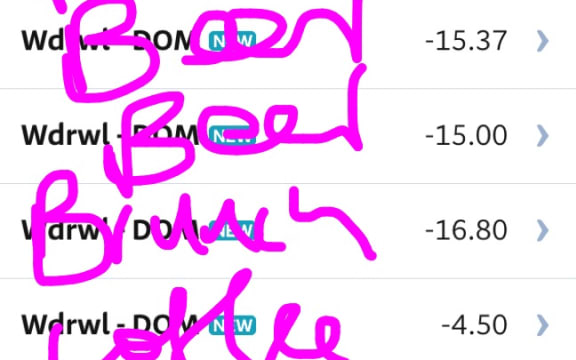 An iphone screenshot with "beer" and "pizza" scrawled over a bank statement