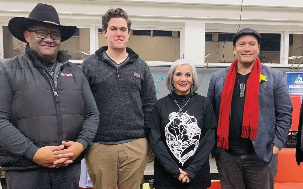 Māori Party candidate Rawiri Waititi, debate organiser Tawhai Johnson, Vision NZ candidate Hannah Tamaki and Labour candidate Tamati Coffey at the conclusion of Friday night’s debate.