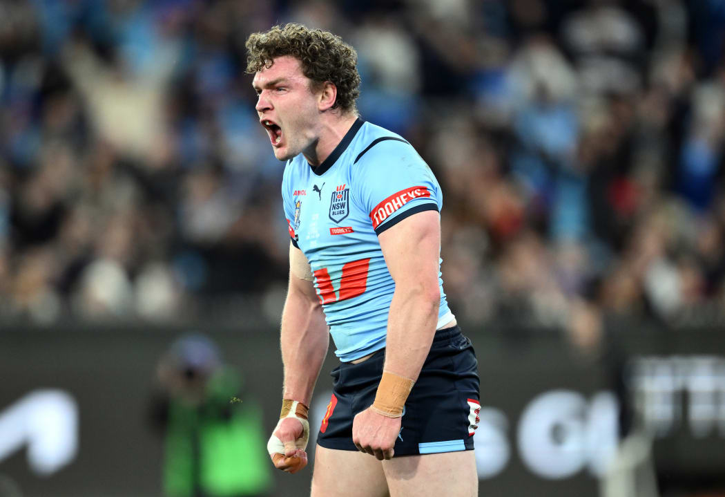 Liam Martin of the Blues reacts after scoring a try during the State of Origin Game Two in Melbourne, 2024.