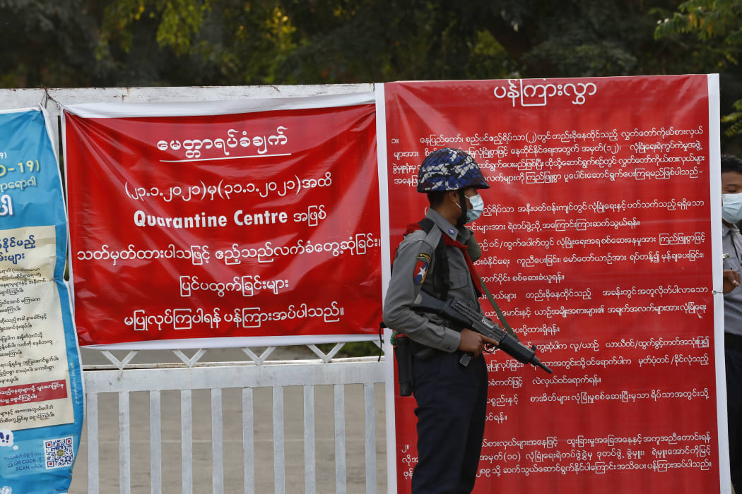 Myanmar's military stand guard at around Sin Bin Guest House in Naypyitaw, Myanmar.